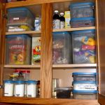 Picture of a open cupboard full of tidy plastic containers