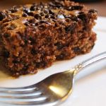Slice of chocolate chip oatmeal snackin' cake with a fork