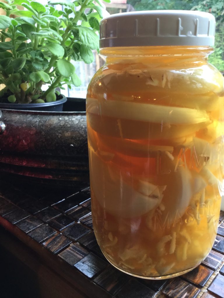 Mason jar full of fire cider ingredients