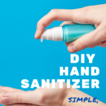 Blue background with an open hand on bottom and another hand squirting a blue bottle of hand sanitizer