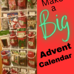 Scene showing a large 24-pocket shoe organizer turned into a big Christmas advent calendar